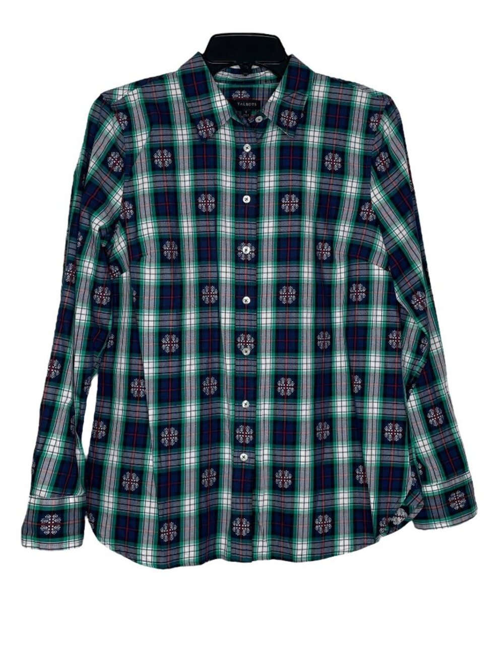 Talbots Plaid Shirt Small Jacquard Snowflake Cotton Long Sleeves Button Closure